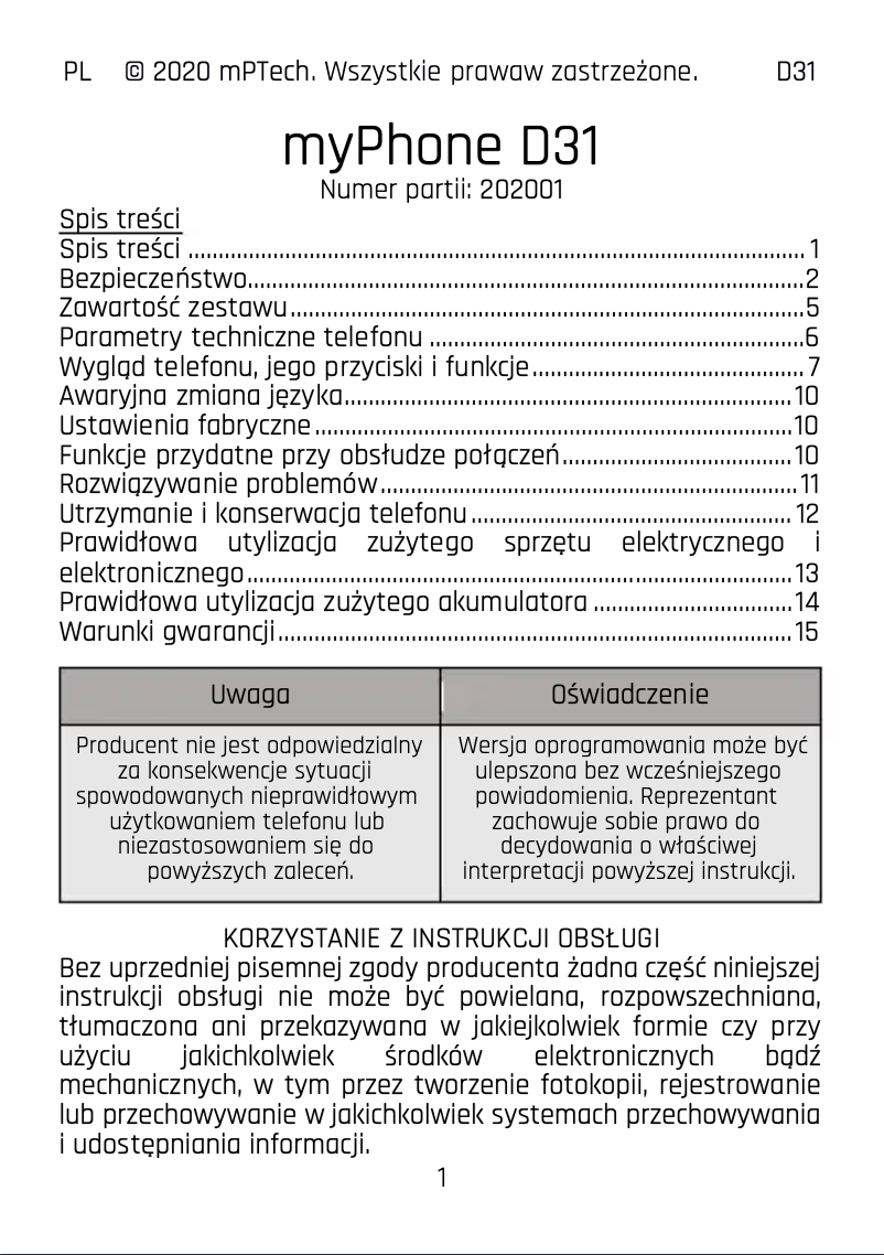 Page 1 of the manual User Manual myPhone D31