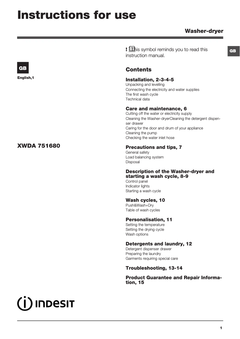 Image de la première page du manuel de l'appareil XWDA 751680X W UK