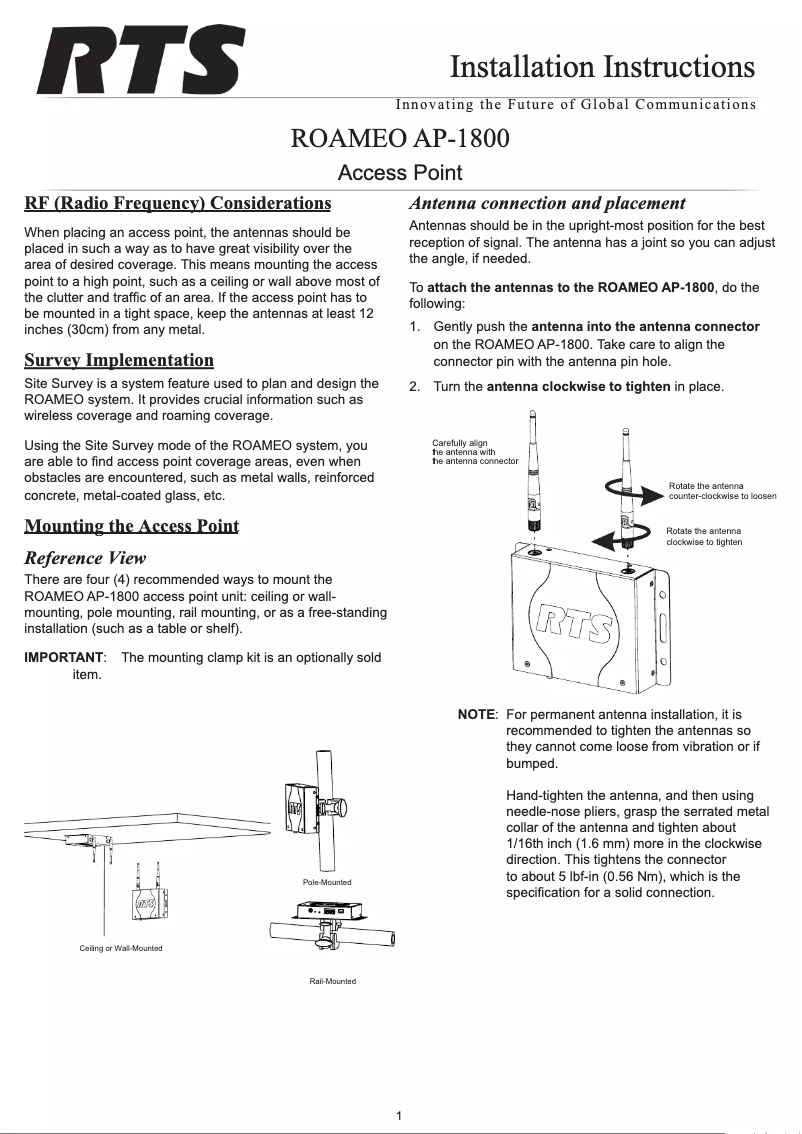 Page 1 de la notice Guide d'installation RTS AP-1800
