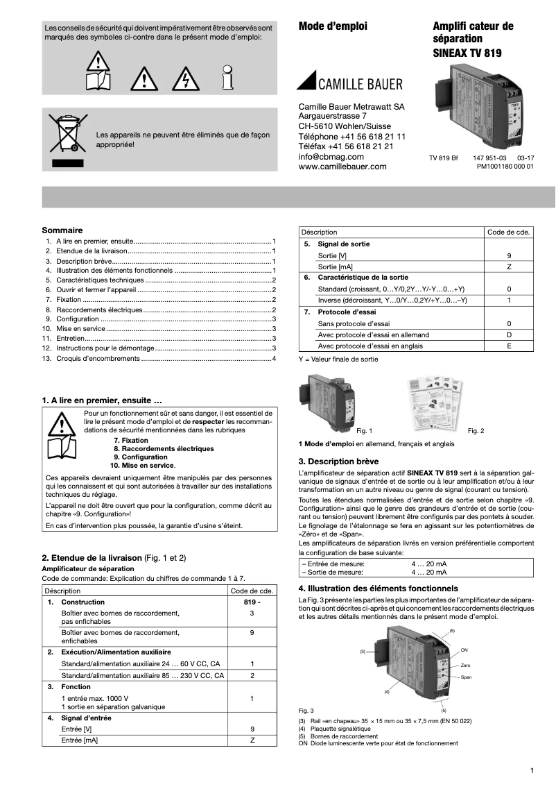Page 1 de la notice Manuel utilisateur Camille Bauer Sineax TV819