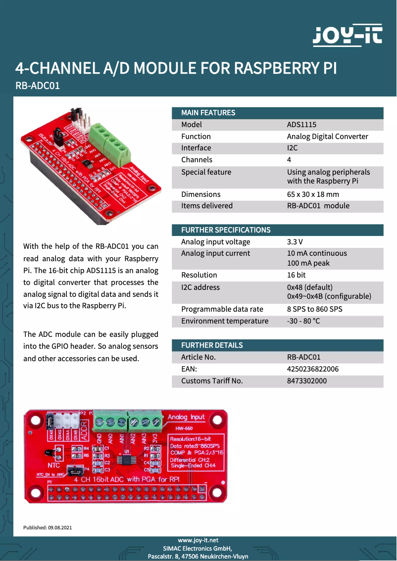 Page 1 de la notice Fiche technique Joy-It RB-ADC01