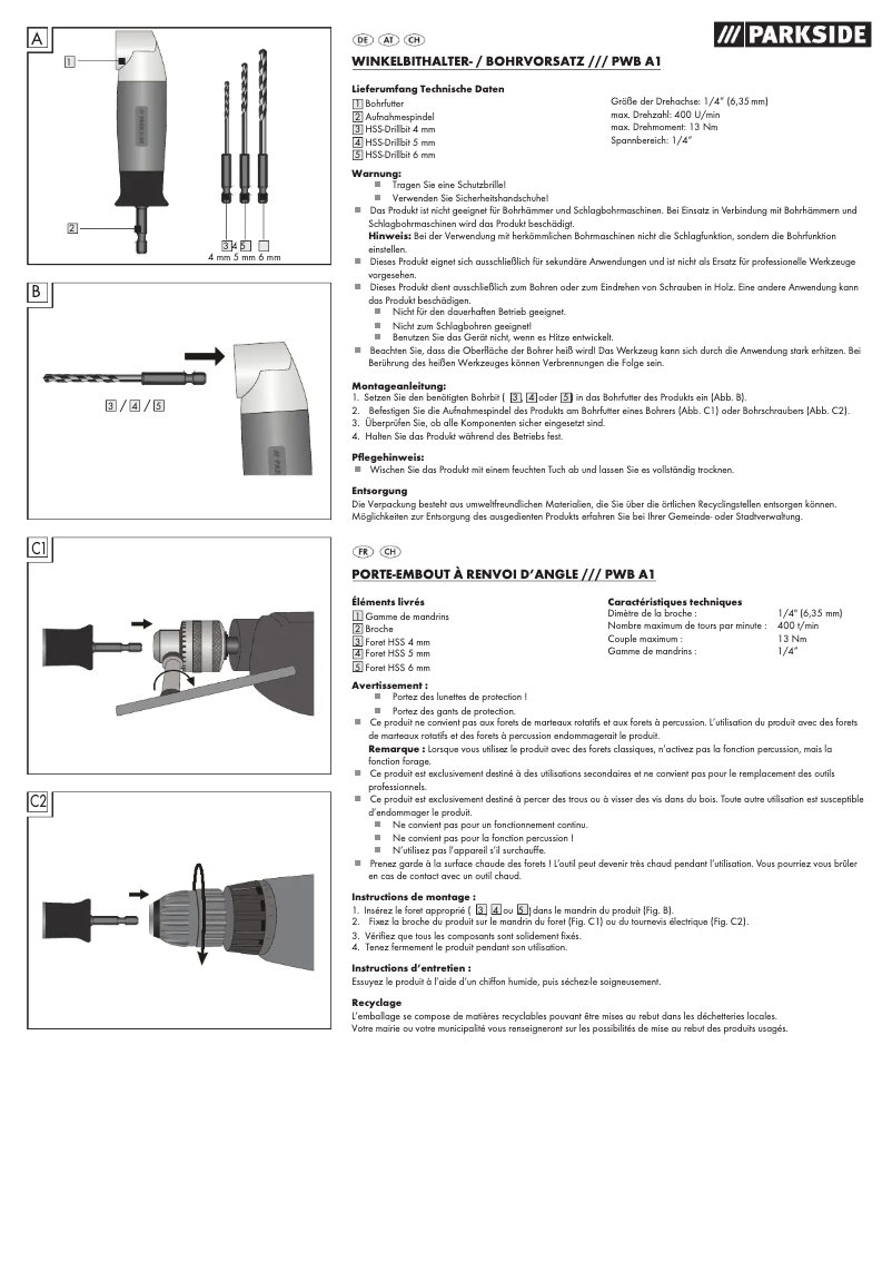 Page 1 de la notice Manuel utilisateur Parkside PWB A1