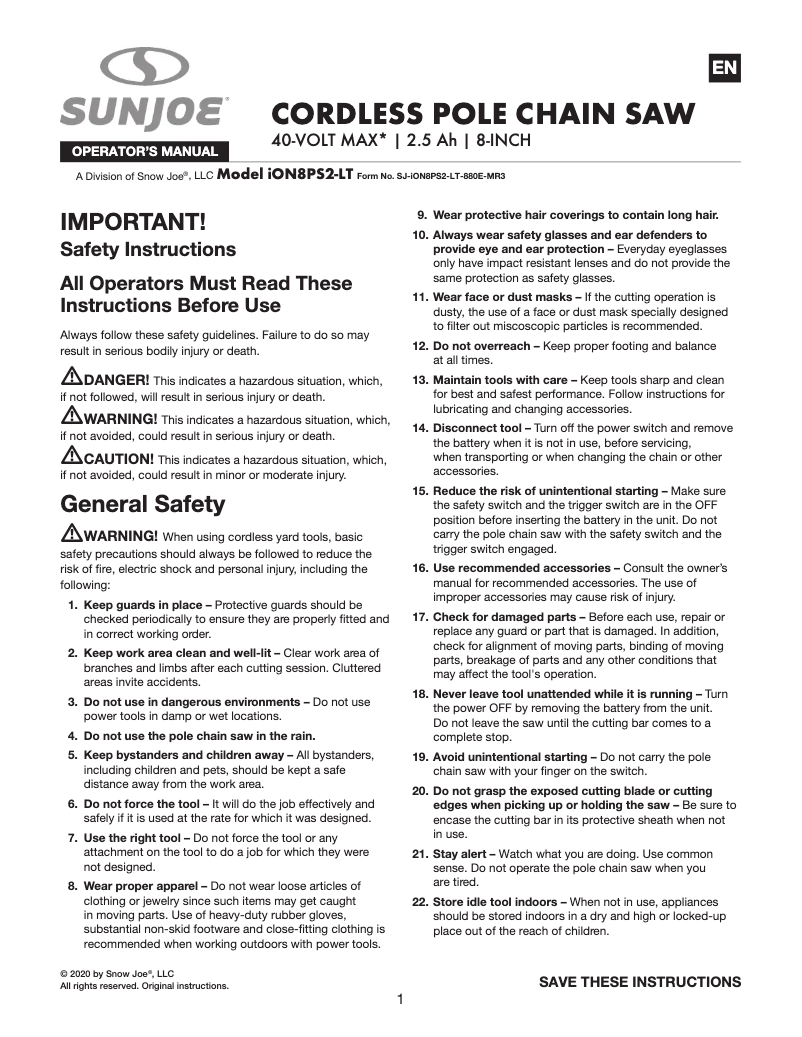Page 1 of the manual User Manual Sun Joe ION8PS2-LT
