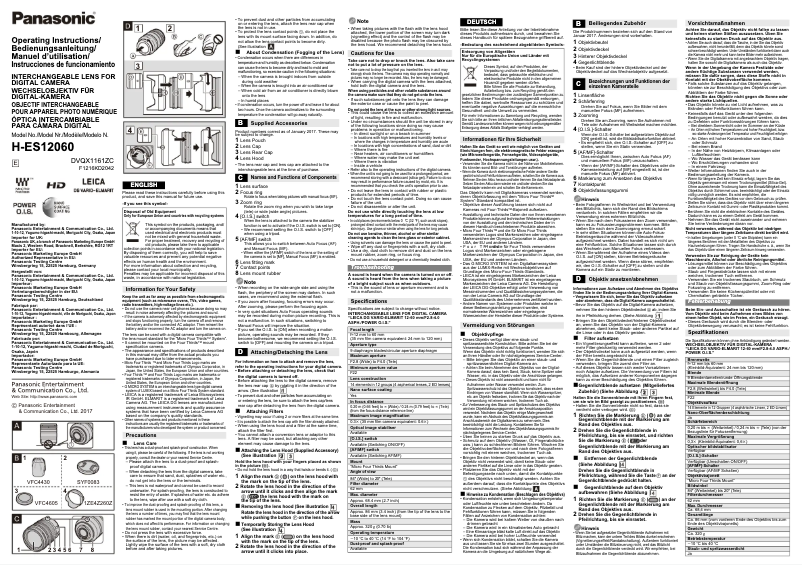 Page 1 de la notice Manuel utilisateur Panasonic Lumix H-ES12060E