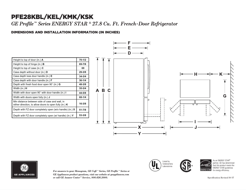 Page 1 de la notice Fiche technique GE Profile PFE28KELDS