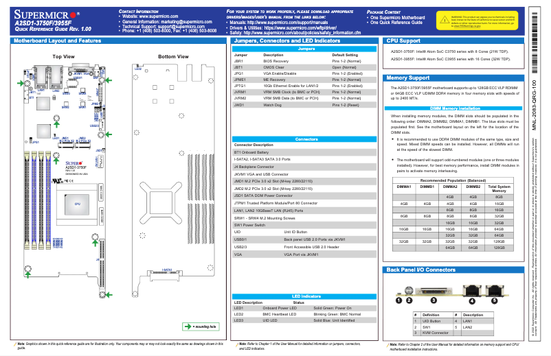 Page 1 de la notice Guide de démarrage rapide Supermicro A2SD1-3955F