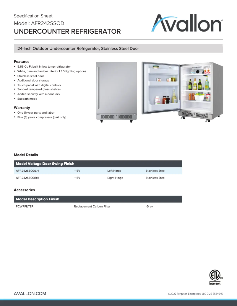 Page 1 de la notice Fiche technique Avallon AFR242SSODRH