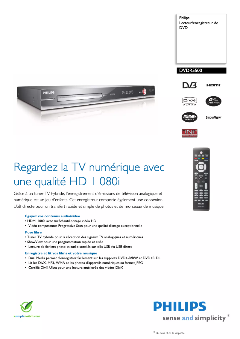 Page 1 of the manual Technical Sheet Philips DVDR5500