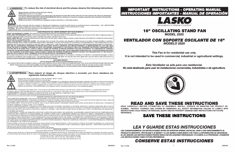Page 1 of the manual Use and Maintenance Manual Lasko 2520