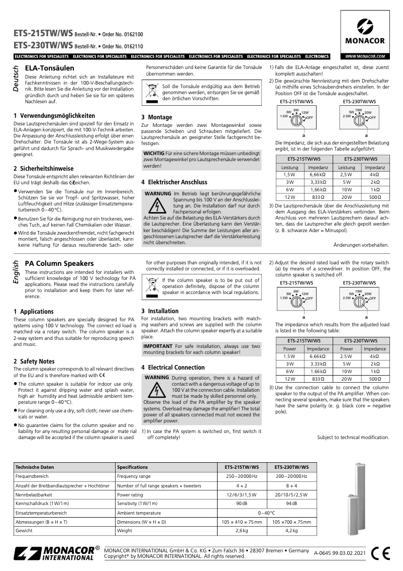 Page 1 de la notice Manuel utilisateur Monacor ETS-230TW/WS