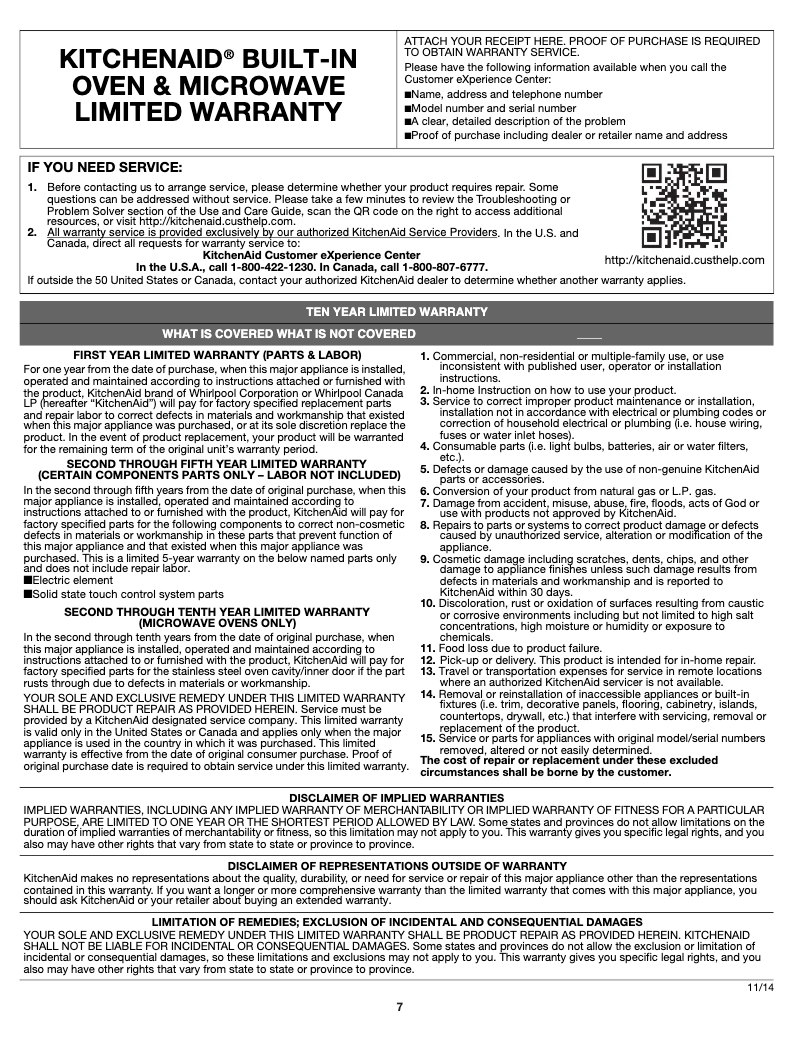 Page 1 de la notice Informations de garantie KitchenAid KMHS120EWH
