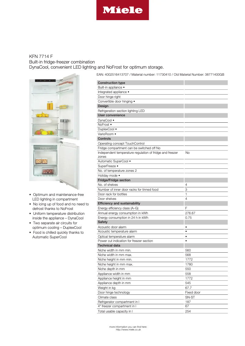Page 1 de la notice Fiche technique Miele KFN 7714 F