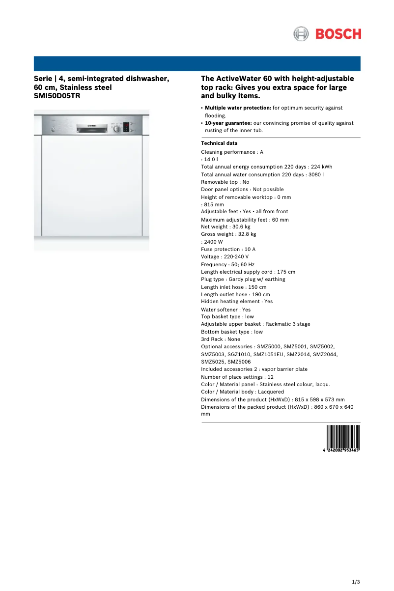Page 1 of the manual Technical Sheet Bosch SMI50D05TR