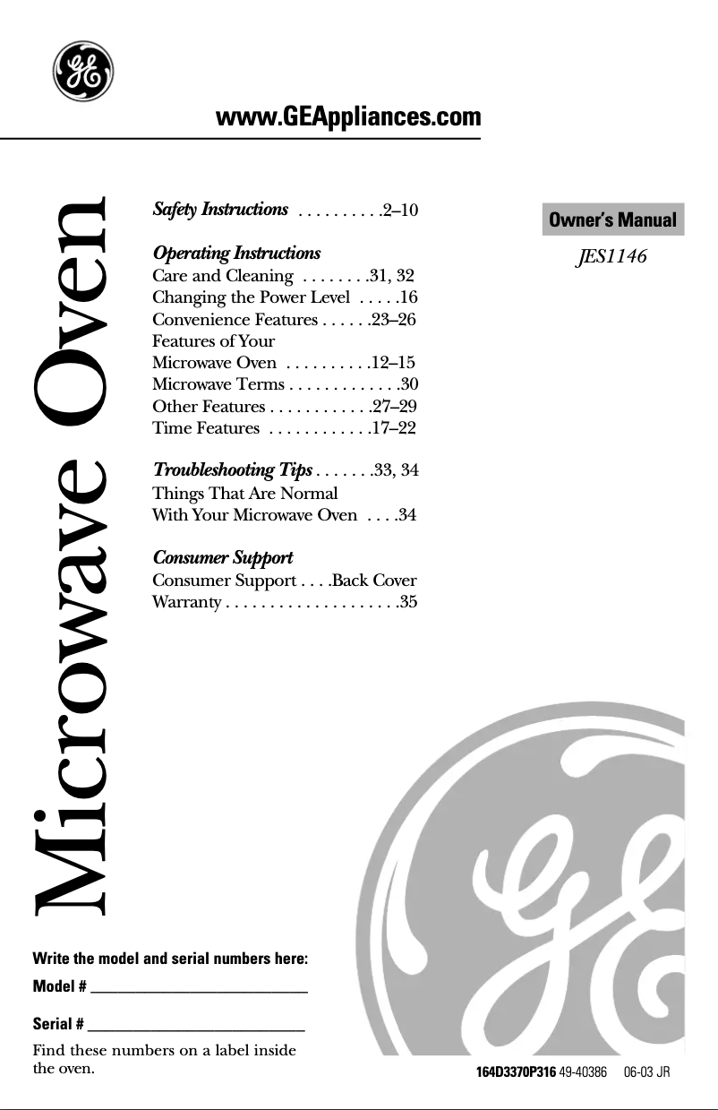 Página 1 del manual Manual de usuario GE JES1146BF