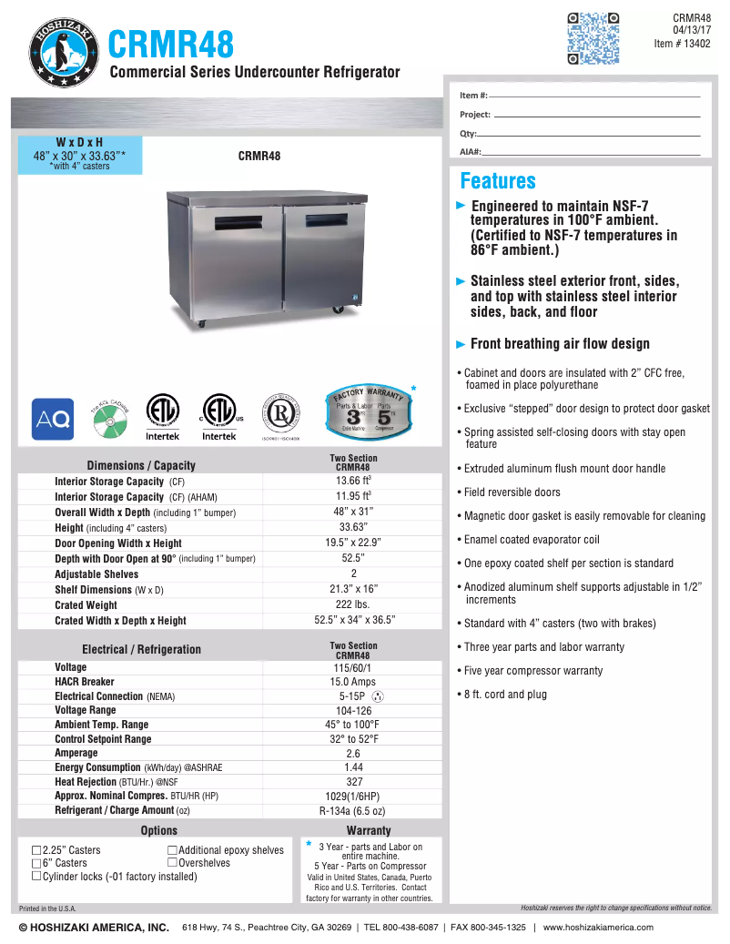 Page 1 de la notice Fiche technique Hoshizaki Commercial CRMR48