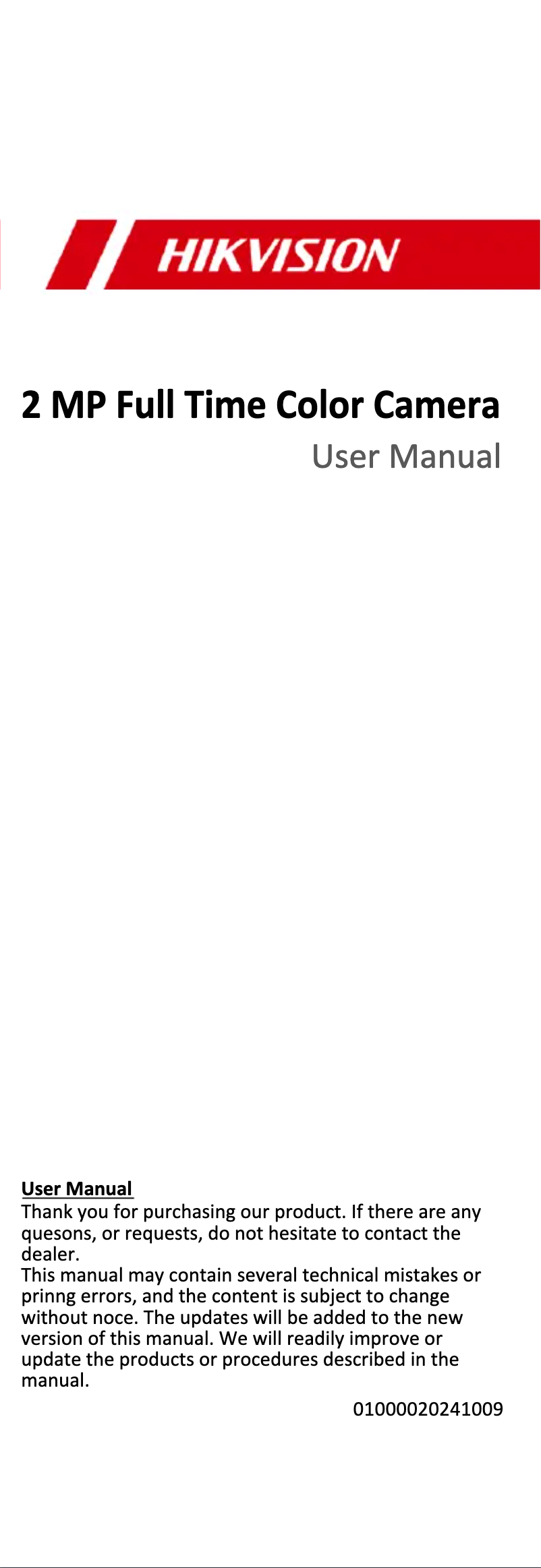 Page 1 de la notice Manuel utilisateur Hikvision DS-2CE50DF3T-VPLFS