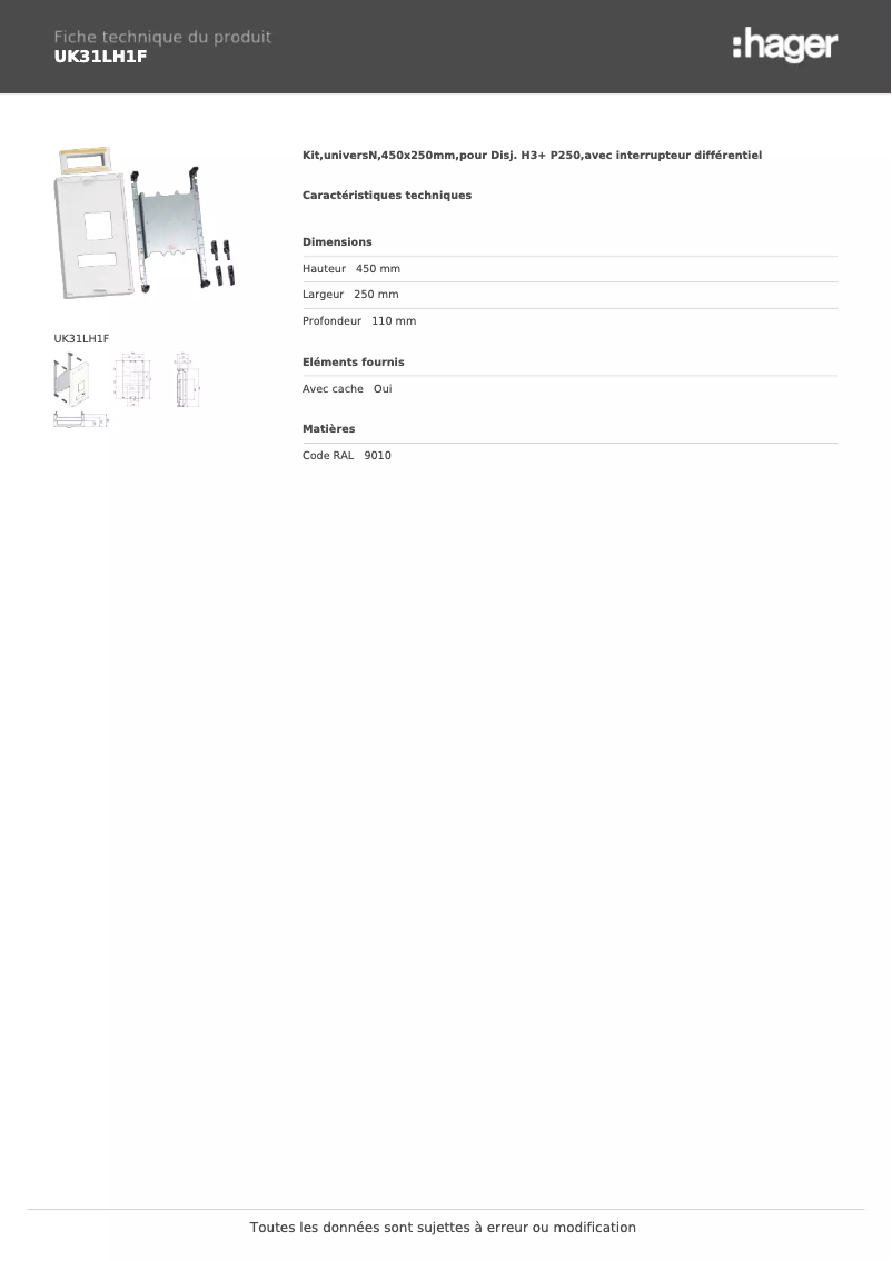 Página 1 del manual Ficha técnica Hager UK31LH1F