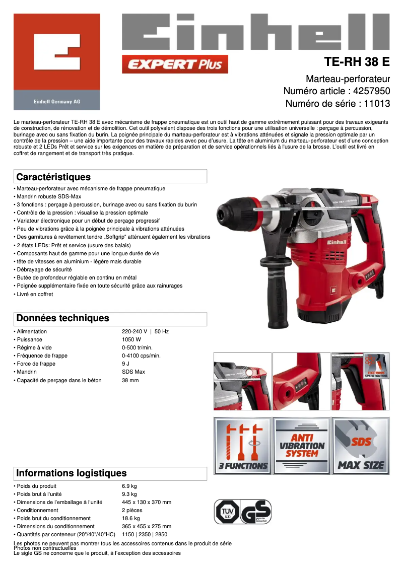 Page 1 de la notice Fiche technique Einhell TE-RH 38 E