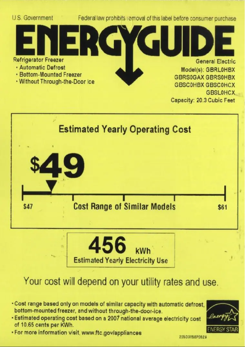 Page 1 de la notice Label énergétique GE GBSL0HCXRLS