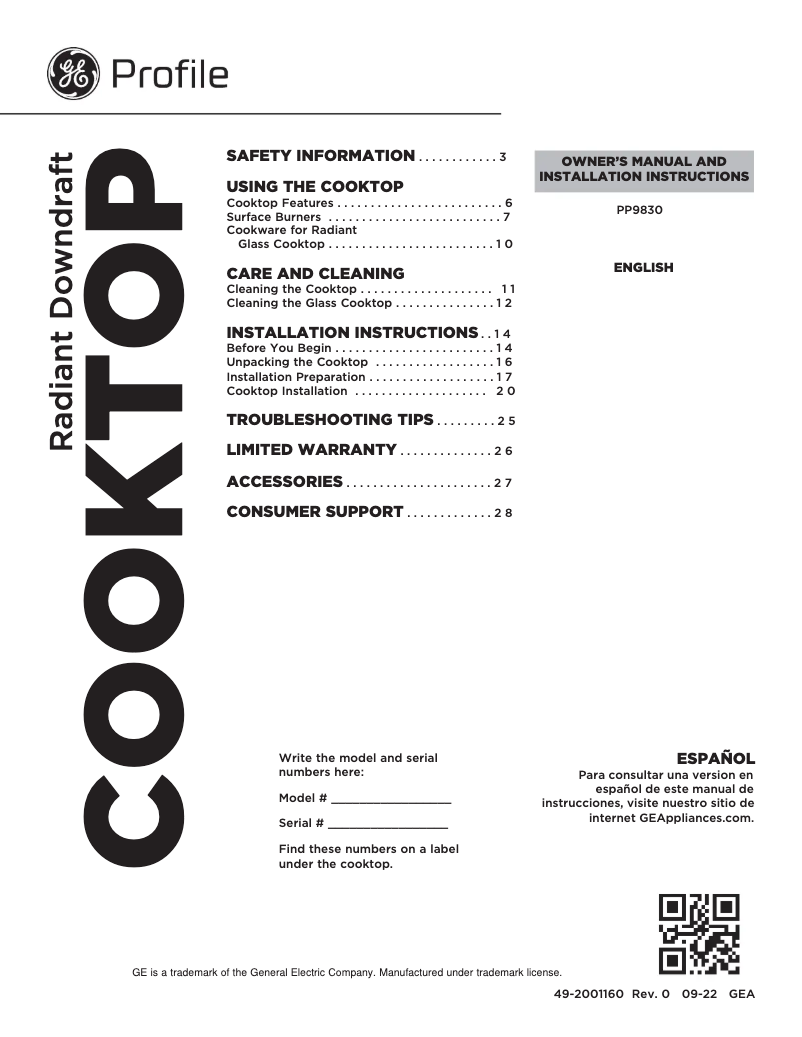 Página 1 del manual Manual de uso y mantenimiento GE Profile PP9830SRSS