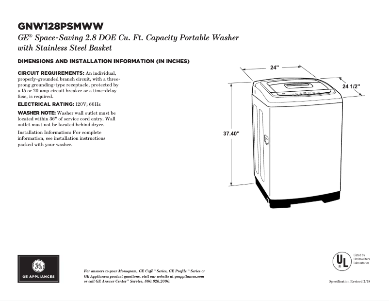 Page 1 of the manual Technical Sheet GE GNW128PSMWW