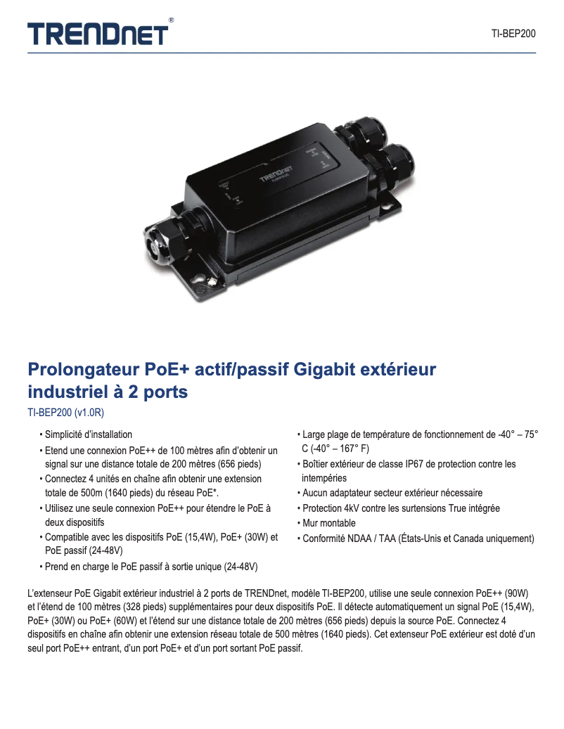 Page 1 of the manual Technical Sheet TRENDnet TI-BEP200