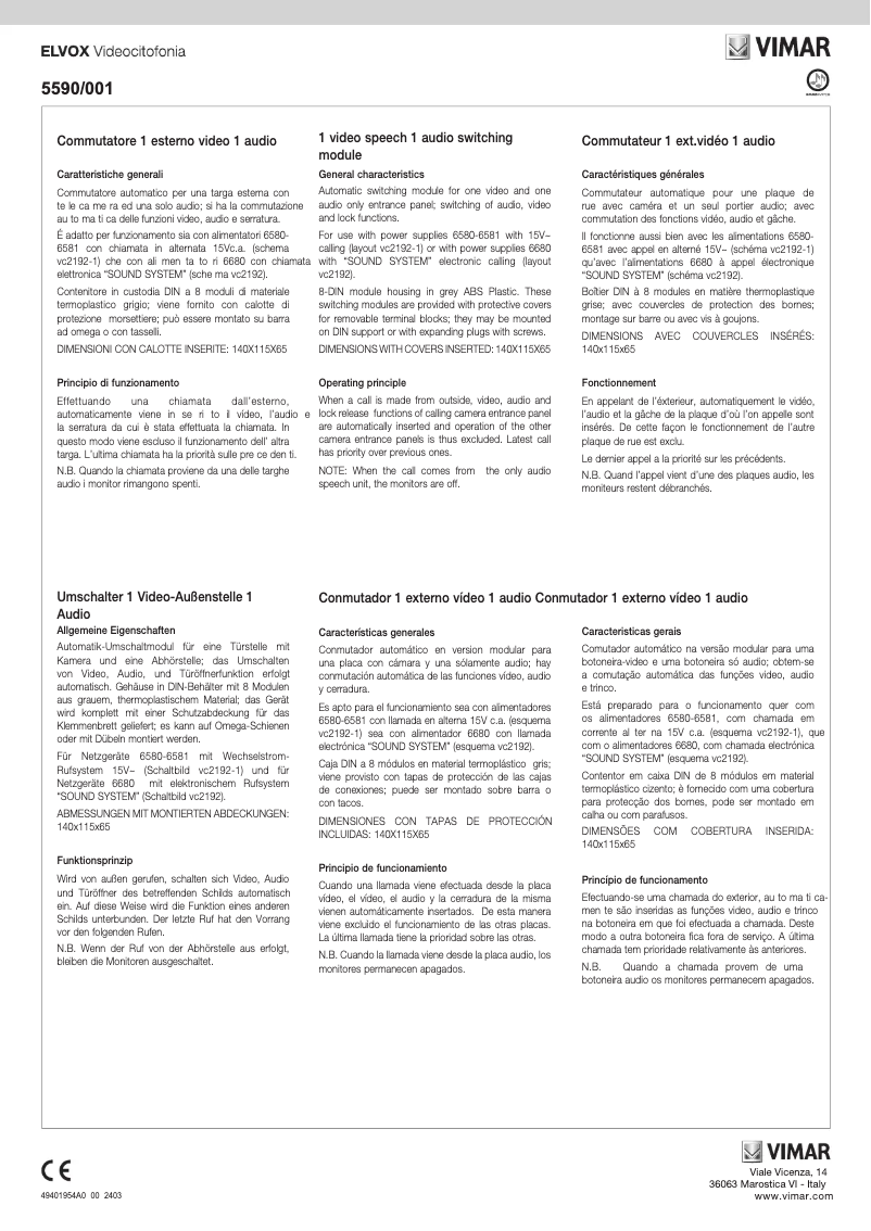 Page 1 de la notice Instructions / montage Vimar ELVOX 5590/001