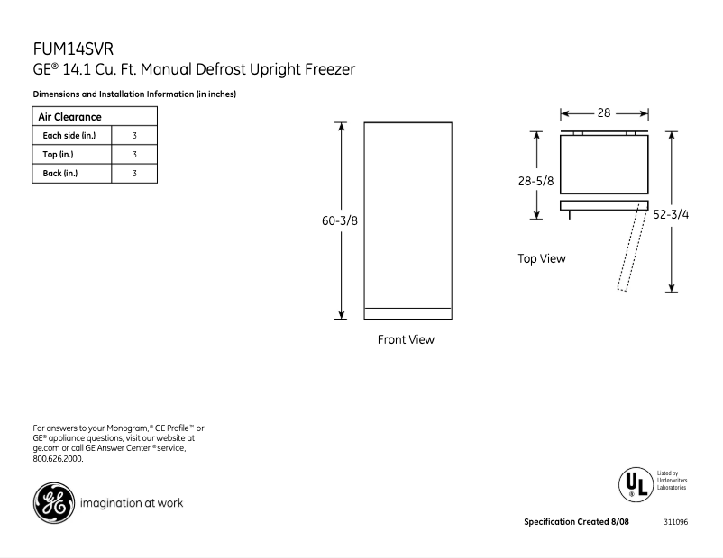 Page 1 de la notice Fiche technique GE FUM14SVRWW