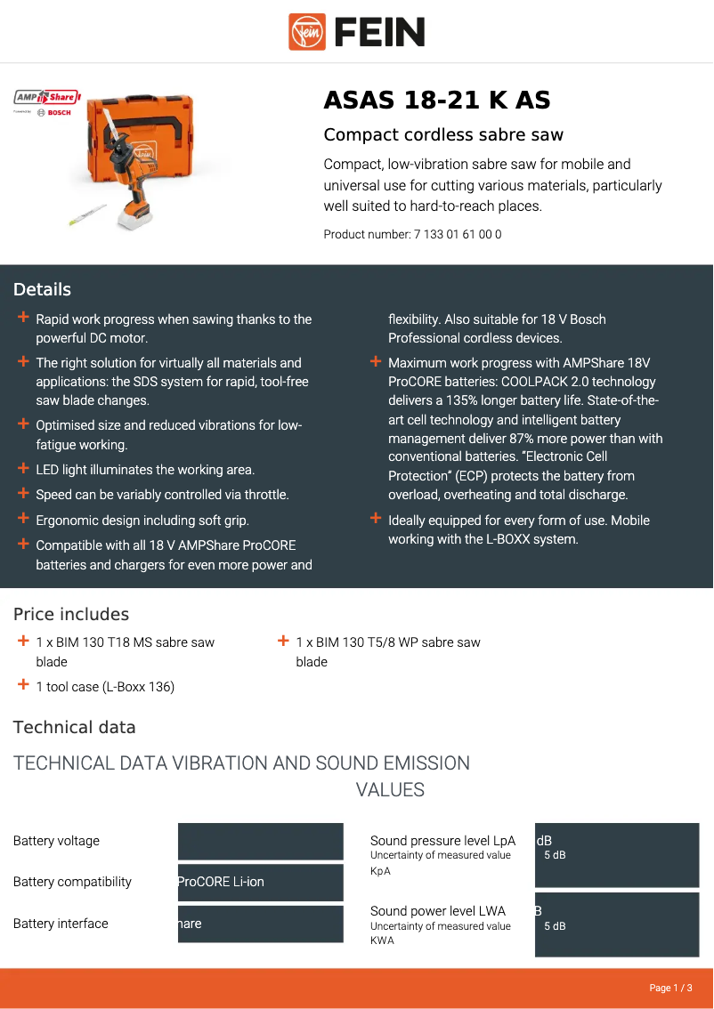 Page 1 de la notice Fiche technique Fein ASAS 18-21 K AS