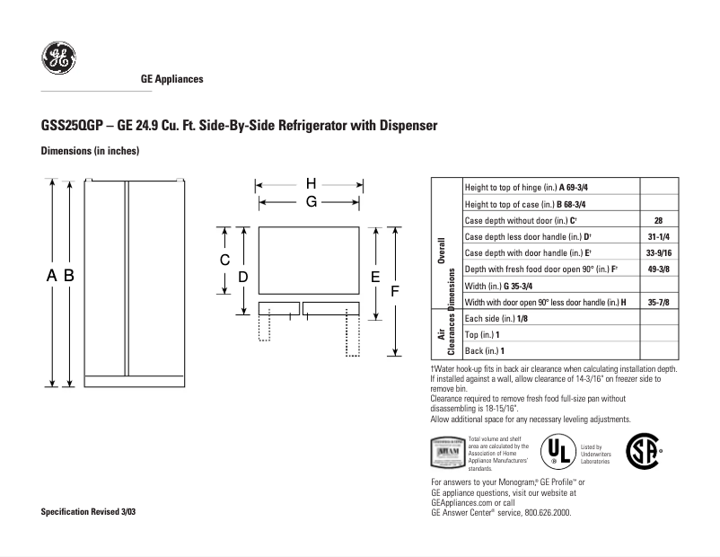 Page 1 of the manual Technical Sheet GE GSS25QGPCC