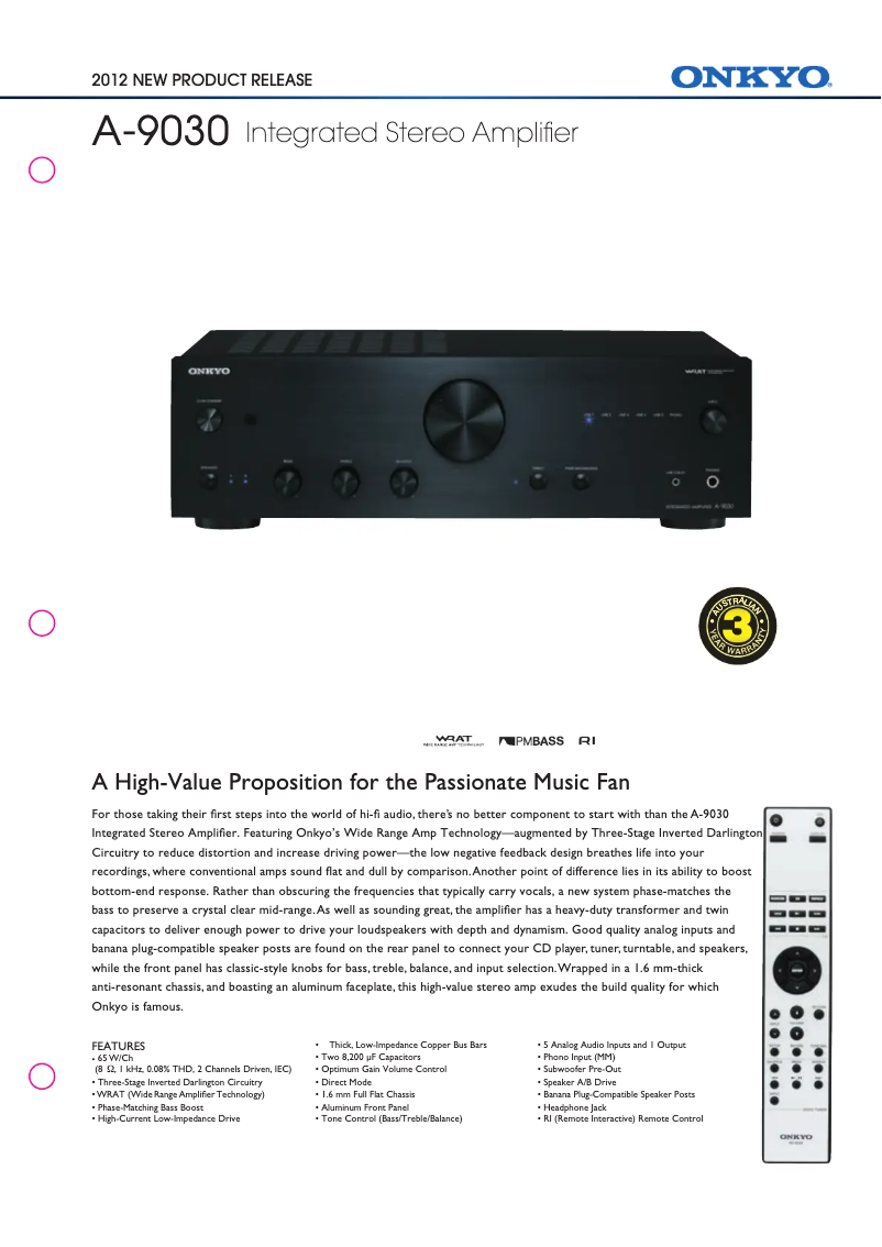 Page 1 de la notice Fiche technique Onkyo A-9030