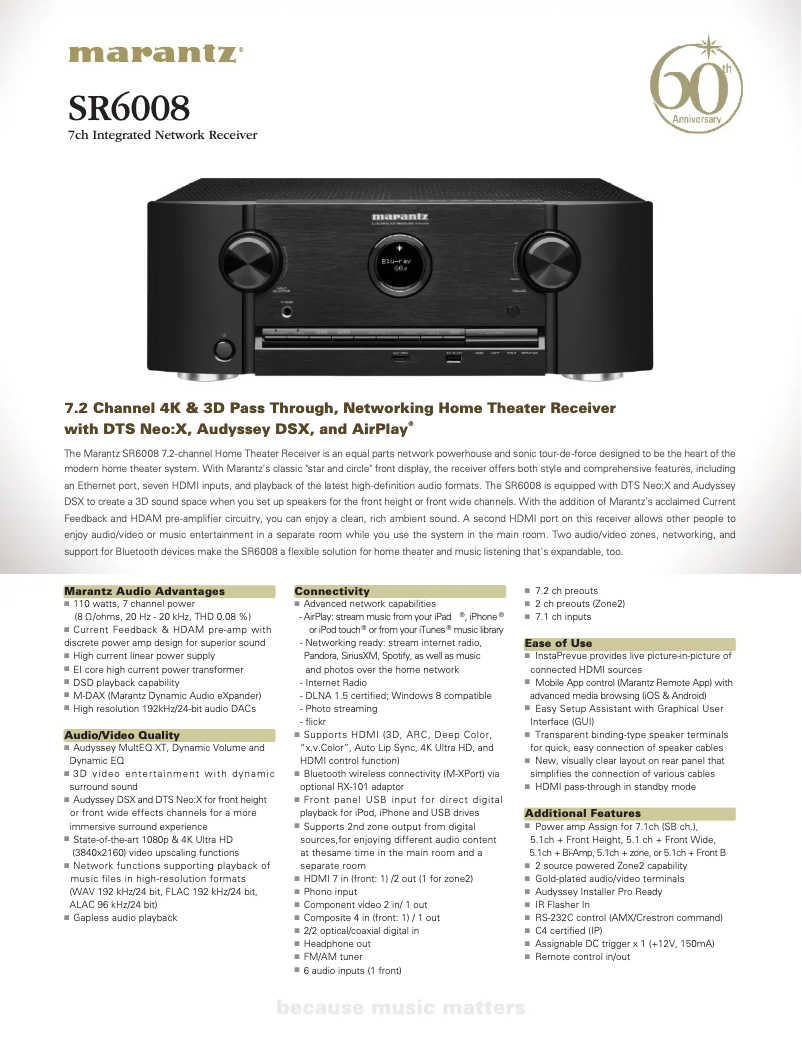 Page 1 de la notice Fiche technique Marantz SR6008