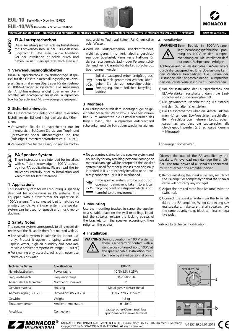 Page 1 de la notice Manuel utilisateur Monacor EUL-10/WS