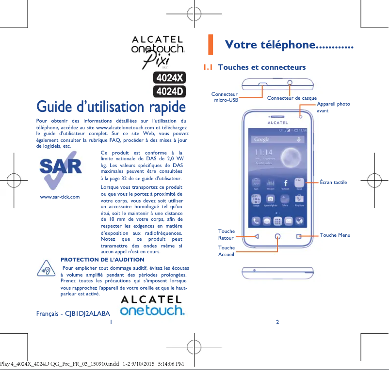 Page 1 de la notice Manuel utilisateur Alcatel One Touch Pixi