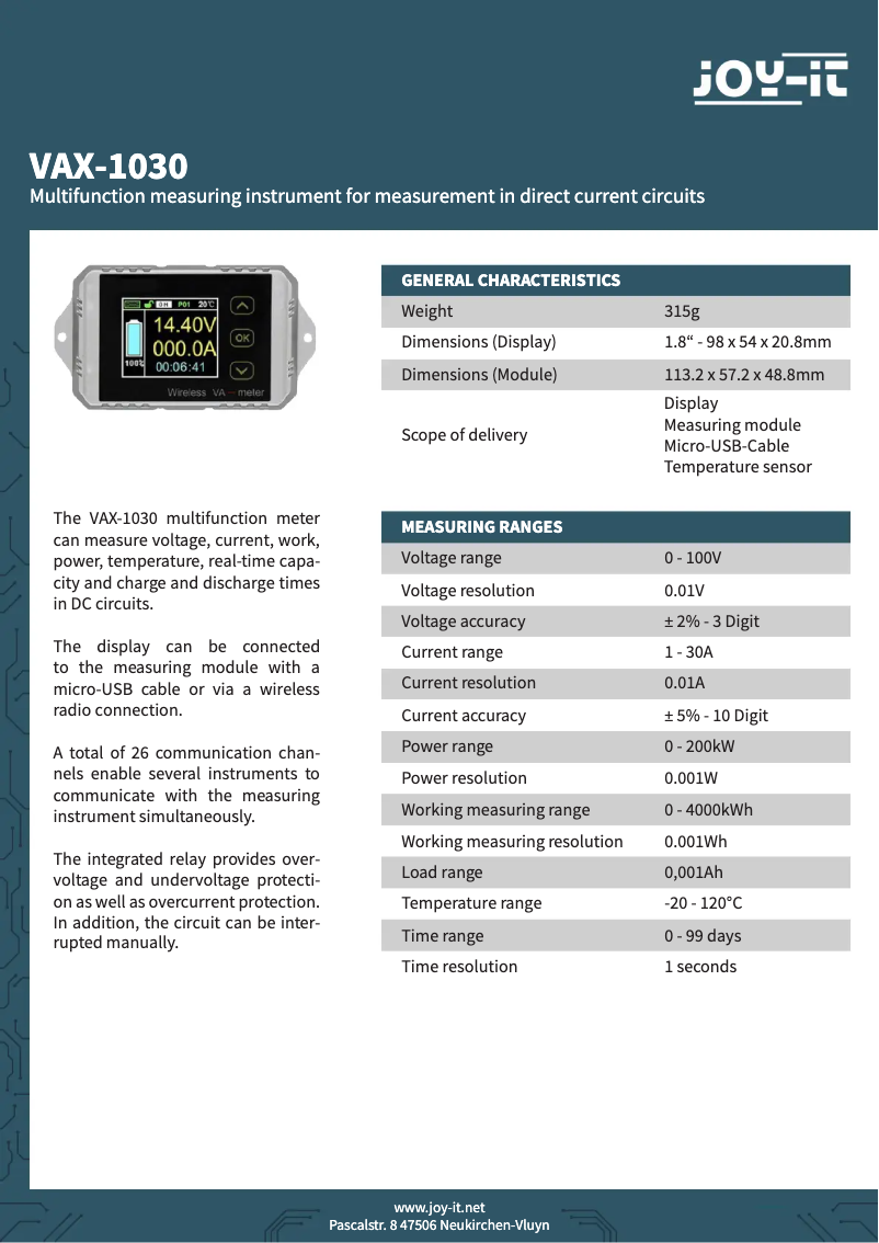 Page 1 de la notice Manuel utilisateur Joy-It VAX-1030