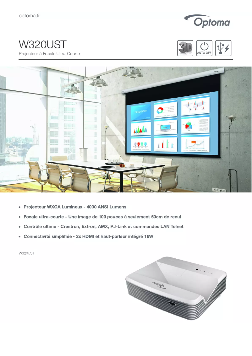 Page 1 de la notice Fiche technique Optoma W320UST