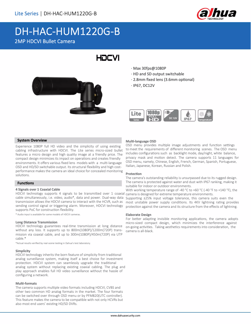 Page 1 de la notice Fiche technique Dahua Technology HAC-HUM1220G-B