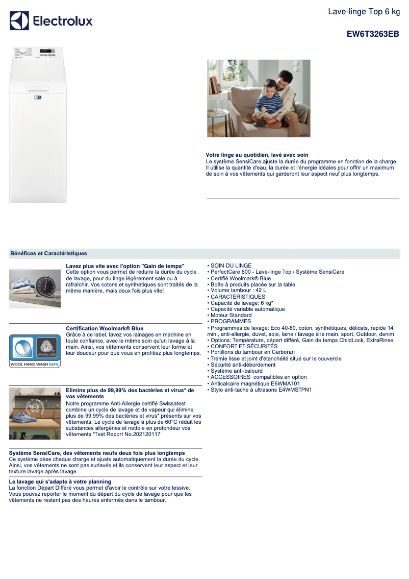 Page 1 de la notice Fiche technique Electrolux EW6T3263EB