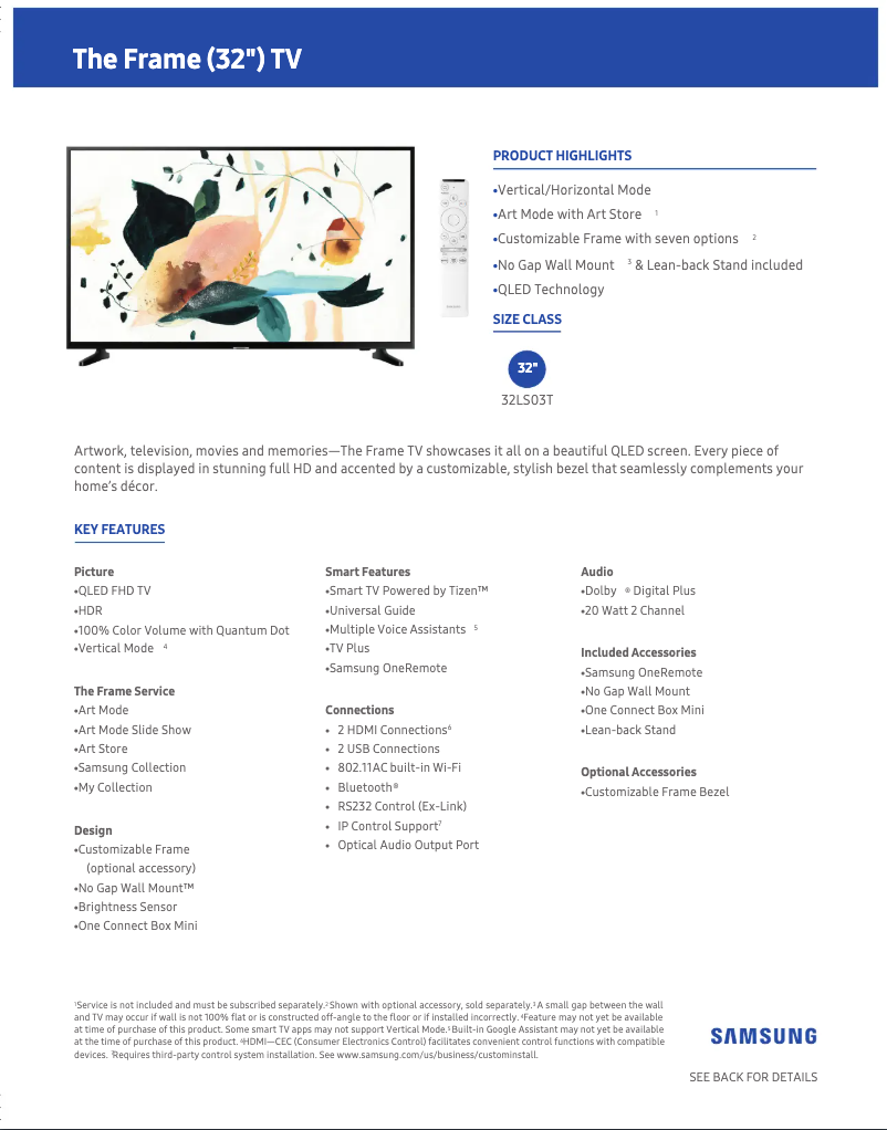 Page 1 de la notice Fiche technique Samsung The Frame QN32LS03T