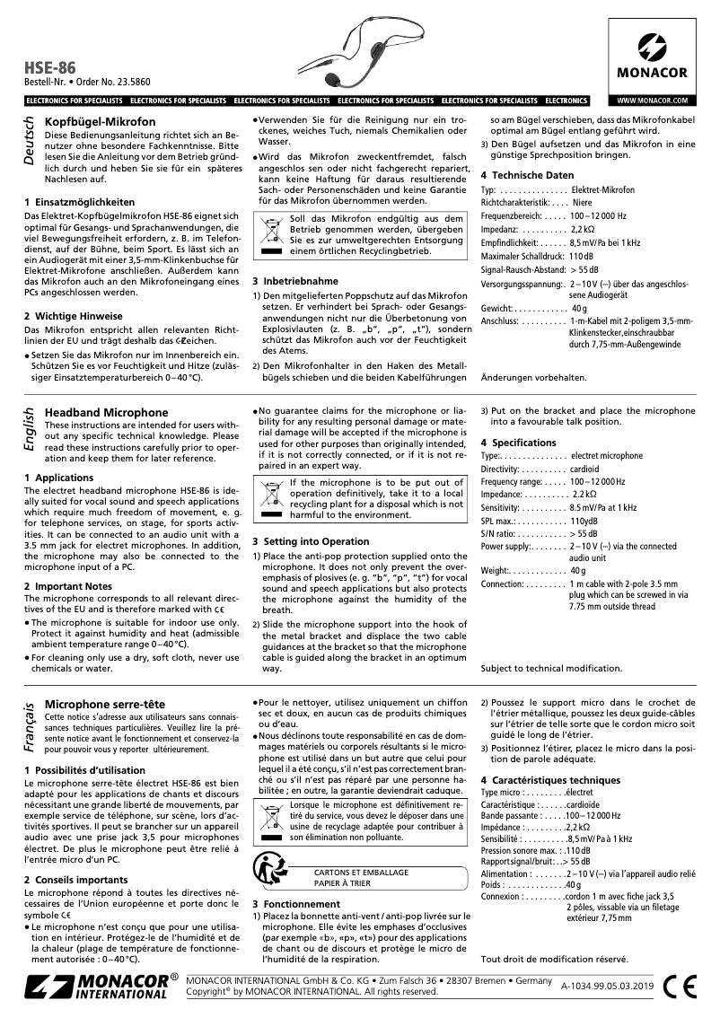 Page 1 de la notice Manuel utilisateur Monacor HSE-86