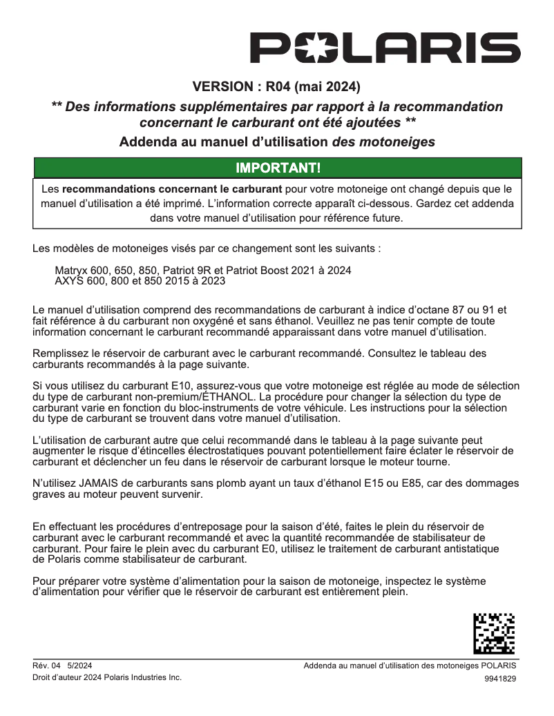 Page 1 de la notice Manuel utilisateur Polaris 600 RMK 144 (2022)