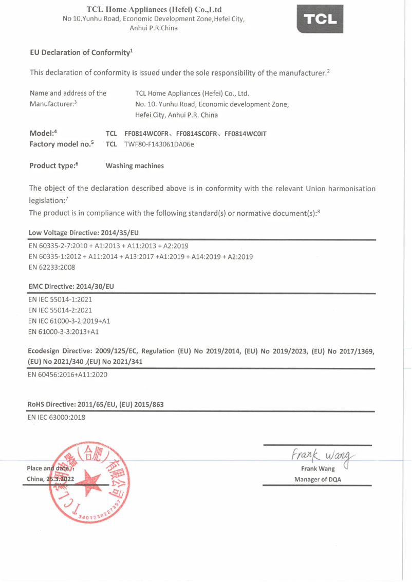 Page 1 of the manual Technical Sheet TCL FF0814WC0