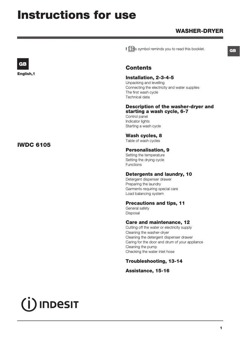 Page n°1 - Mode d'emploi Indesit IWDC 6105 (UK)