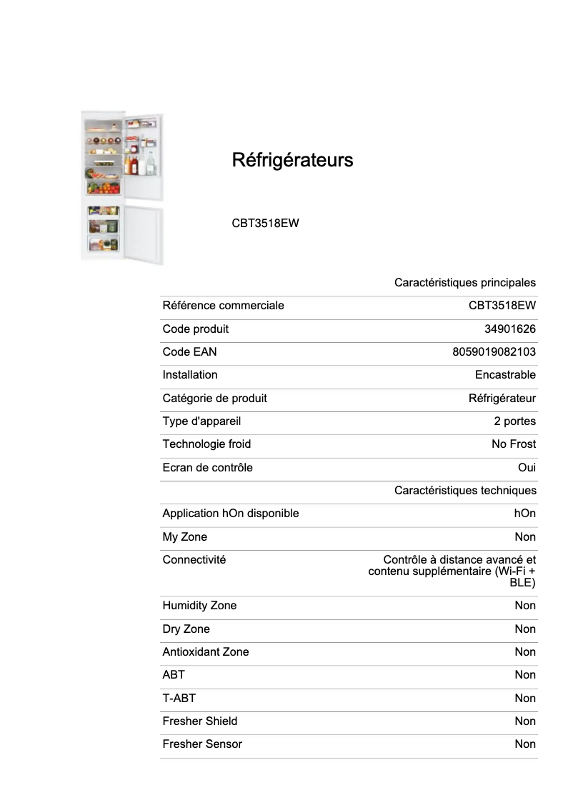 Page 1 de la notice Fiche technique Candy CBT3518EW