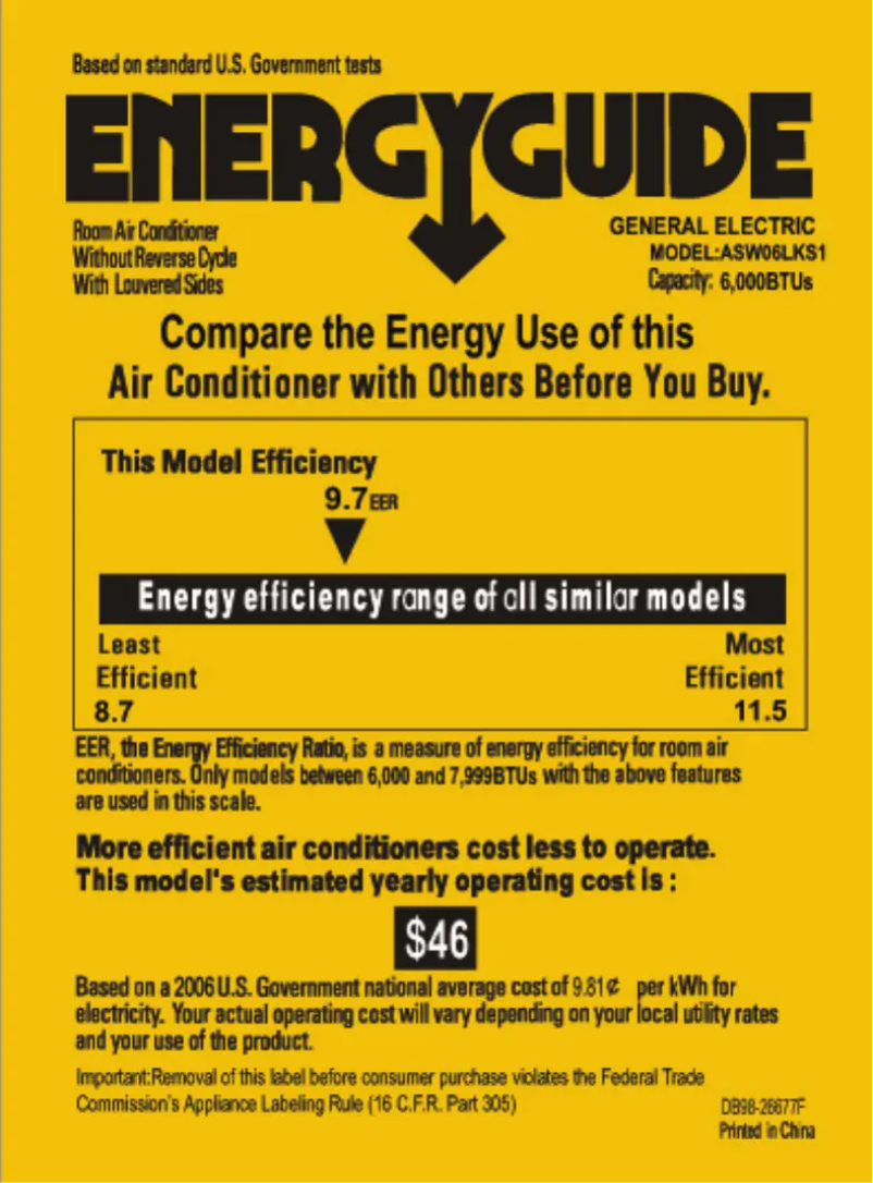 Página 1 del manual Etiqueta energética GE ASW06LK