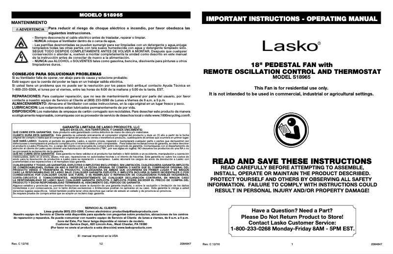 Página 1 del manual Manual de usuario Lasko S18965