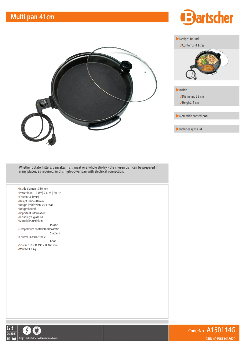 Page 1 de la notice Fiche technique Bartscher A150118G