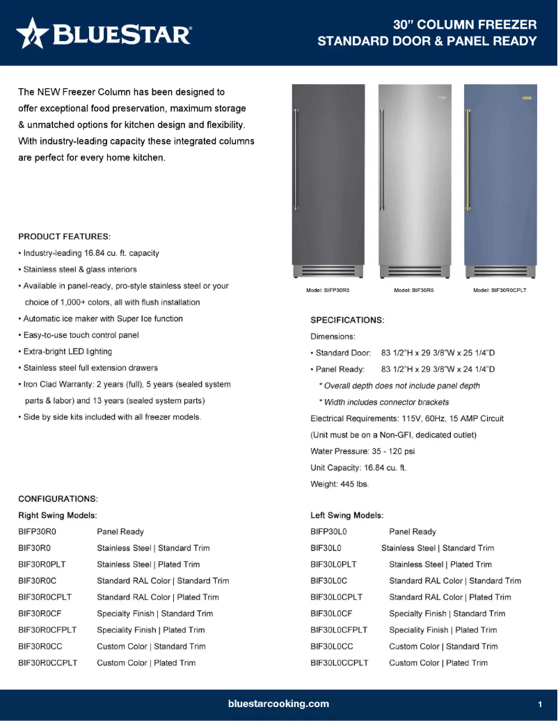 Page 1 de la notice Fiche technique BlueStar BIF30R0