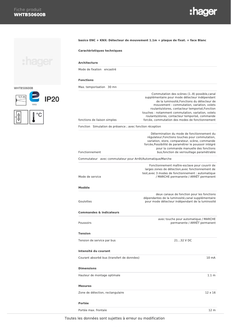 Page 1 de la notice Fiche technique Hager WHTB50600B