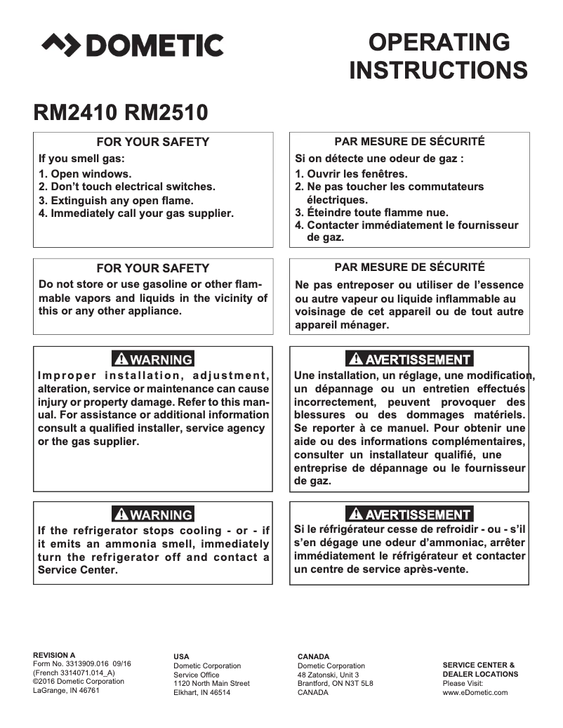 Page 1 de la notice Manuel utilisateur Dometic RM2510
